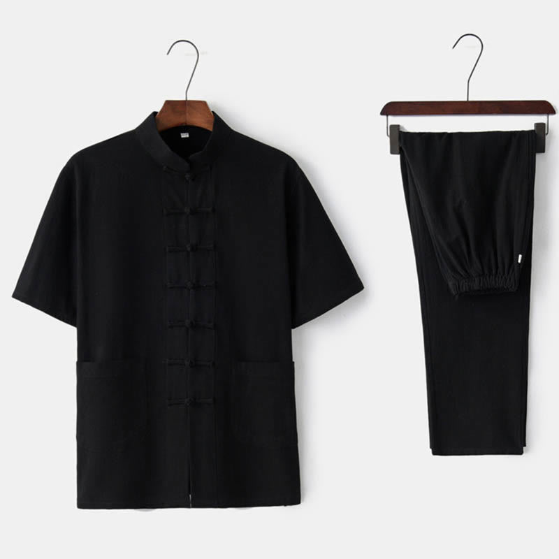 Ensemble Tang traditionnel en coton et lin avec haut à manches courtes et pantalon pour homme, couleur unie, avec boutons en forme de Buddha Stones - Noir (Haut et pantalon) - US/UK/AU44，EU54 (4XL)  - image 6