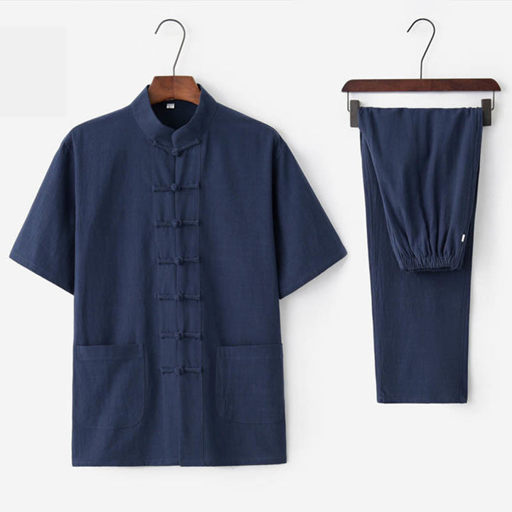 Ensemble pour homme Buddha Stones, couleur unie, costume Tang à boutons grenouille, traditionnel en coton et lin, haut à manches courtes et pantalon. - Bleu marine (Haut et pantalon) - US/UK/AU44，EU54 (4XL)  - image 7