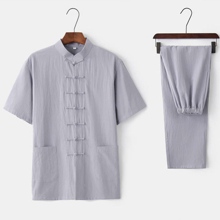 Ensemble Tang traditionnel en coton et lin avec haut à manches courtes et pantalon pour homme, couleur unie, avec boutons en forme de Buddha Stones - Gris (haut et pantalon) - US/UK/AU44，EU54 (4XL)  - image 2