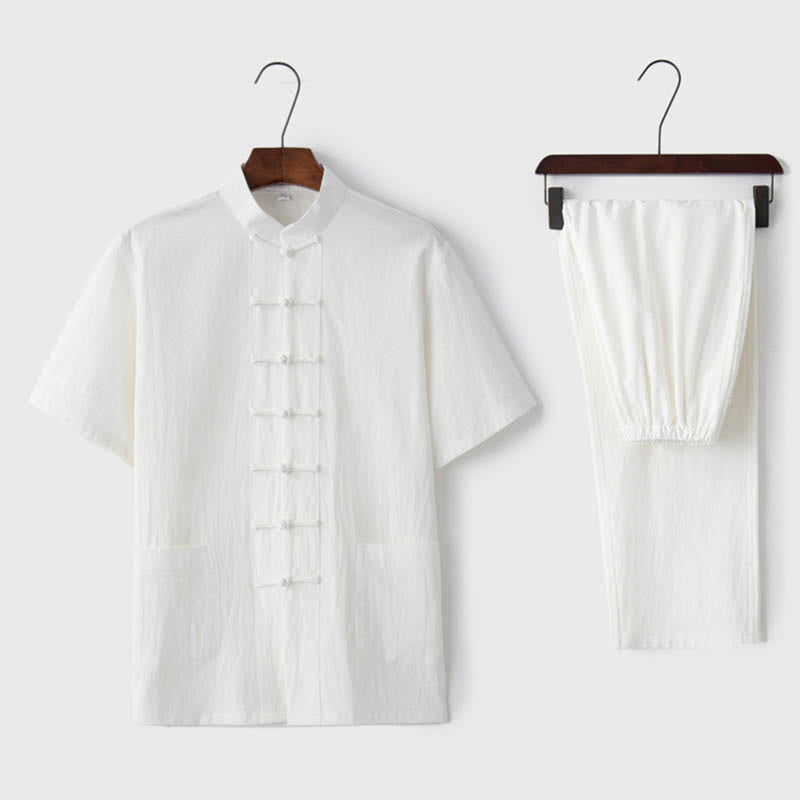 Ensemble Tang traditionnel en coton et lin avec haut à manches courtes et pantalon pour homme, couleur unie, avec boutons en forme de Buddha Stones - Blanc (Haut et pantalon) - US/UK/AU44，EU54 (4XL)  - image 5