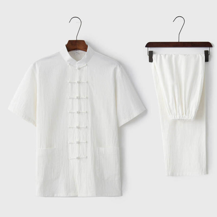 Ensemble Tang traditionnel en coton et lin avec haut à manches courtes et pantalon pour homme, couleur unie, avec boutons en forme de Buddha Stones - Blanc (Haut et pantalon) - US/UK/AU44，EU54 (4XL)  - image 5