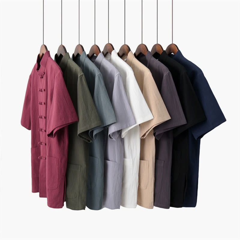 Ensemble Tang traditionnel en coton et lin avec haut à manches courtes et pantalon pour homme, couleur unie, avec boutons en forme de Buddha Stones - image 1