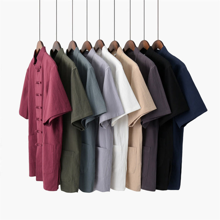 Ensemble Tang traditionnel en coton et lin avec haut à manches courtes et pantalon pour homme, couleur unie, avec boutons en forme de Buddha Stones - image 1
