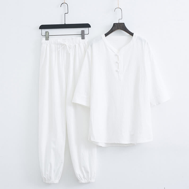 Ensemble de vêtements pour hommes en coton et lin à manches courtes et pantalon Buddha Stones de couleur unie - Blanc (haut et pantalon) - US/UK/AU44，EU54 (4XL) - image 8