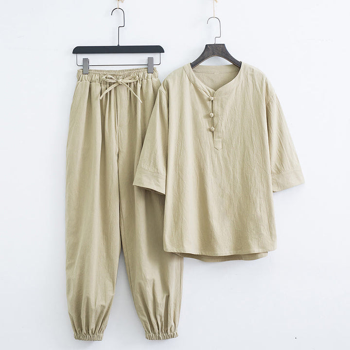 Ensemble de vêtements pour hommes en coton et lin à manches courtes et pantalon Buddha Stones de couleur unie - Beige (haut et pantalon) - US/UK/AU44，EU54 (4XL) - image 13