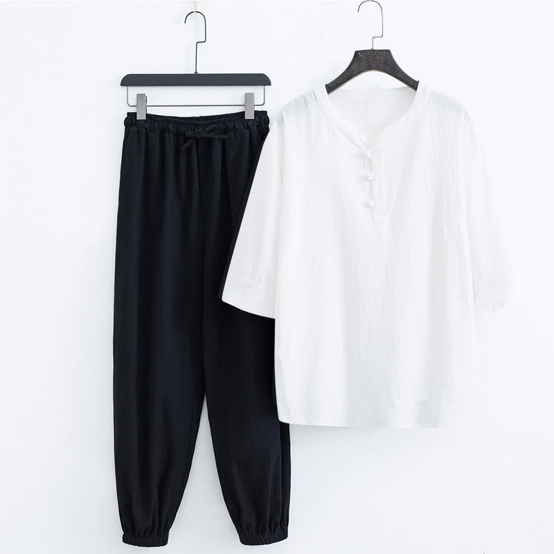 Ensemble homme composé d'un t-shirt à manches courtes et d'un pantalon, de couleur unie, avec Buddha Stones - Chemise blanche et pantalon noir (Haut et pantalon) - US/UK/AU44，EU54 (4XL) - image 11