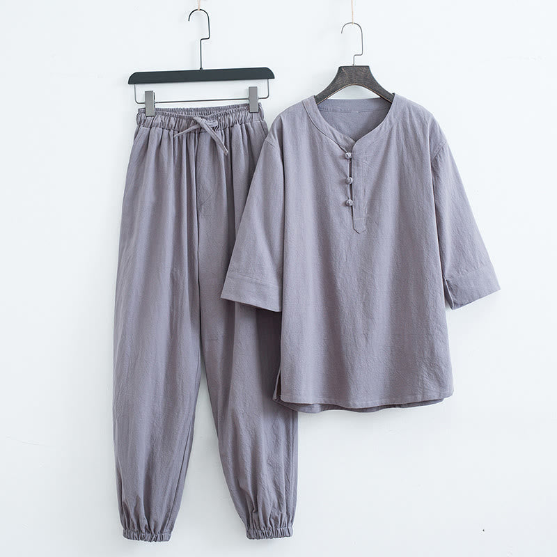 Ensemble de vêtements pour hommes en coton et lin à manches courtes et pantalon Buddha Stones de couleur unie - Gris (haut et pantalon) - US/UK/AU44，EU54 (4XL) - image 7