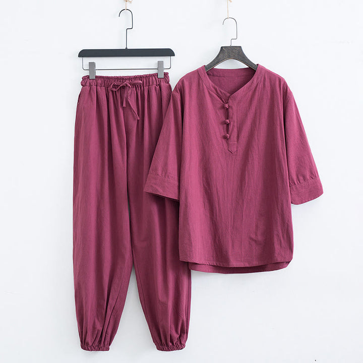 Ensemble de vêtements pour hommes en coton et lin à manches courtes et pantalon Buddha Stones de couleur unie - Rouge (haut et pantalon) - US/UK/AU44，EU54 (4XL) - image 14
