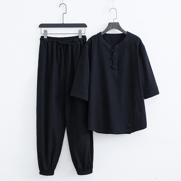 Ensemble de vêtements pour hommes en coton et lin à manches courtes et pantalon Buddha Stones de couleur unie - Noir (haut et pantalon) - US/UK/AU44，EU54 (4XL) - image 9