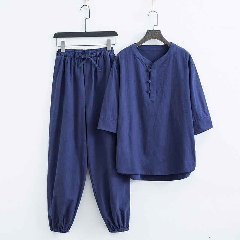 Ensemble de vêtements pour hommes en coton et lin à manches courtes et pantalon Buddha Stones de couleur unie - Bleu marine (haut et pantalon) - US/UK/AU44，EU54 (4XL) - image 12