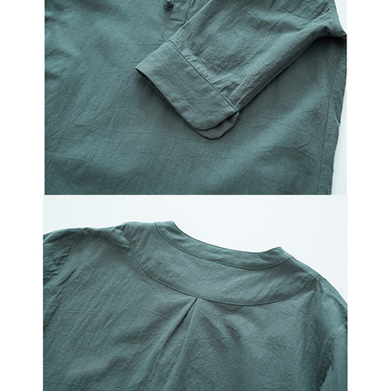 Ensemble de vêtements pour hommes en coton et lin à manches courtes et pantalon Buddha Stones de couleur unie - image 3