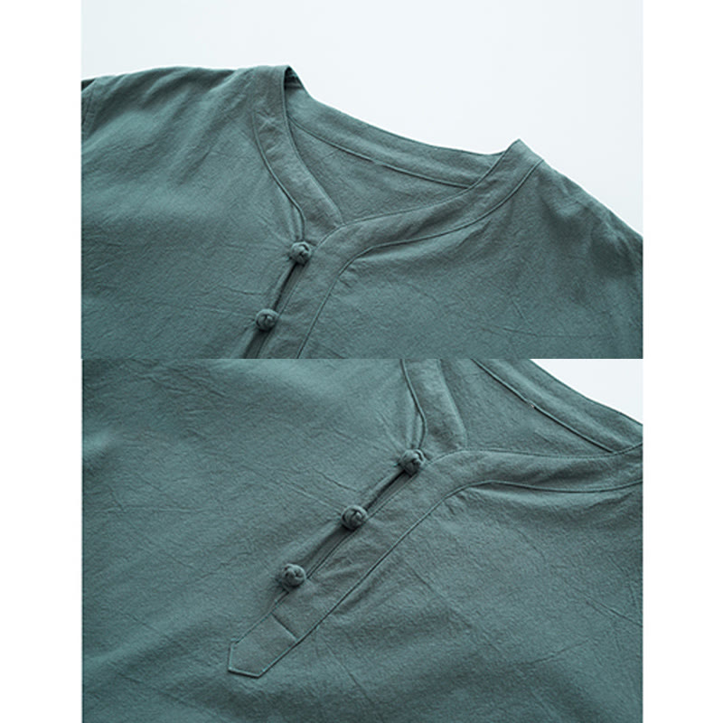 Ensemble de vêtements pour hommes en coton et lin à manches courtes et pantalon Buddha Stones de couleur unie - image 1
