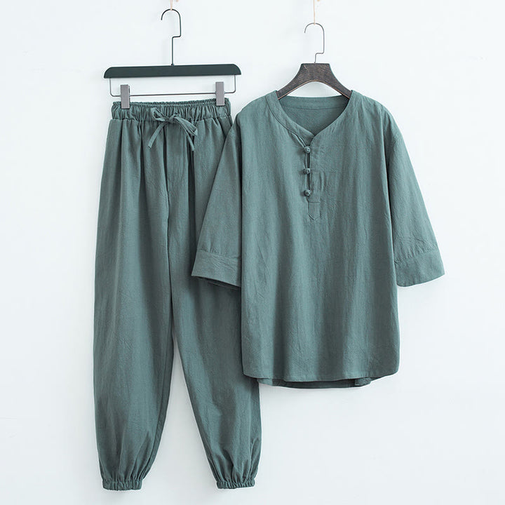 Ensemble de vêtements pour hommes en coton et lin à manches courtes et pantalon Buddha Stones de couleur unie - Vert (haut et pantalon) - US/UK/AU44，EU54 (4XL) - image 0