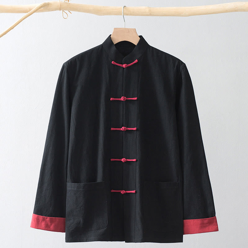 Chemise de costume chinois Tang à boutons grenouilles en coton et lin, Buddha Stones, pour homme. Vêtements pour hommes. - Chemise noire et bouton grenouille rouge - US/UK/AU44，EU54 (4XL) - image 0