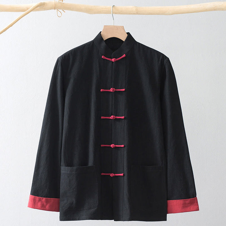 Chemise de costume chinois Tang à boutons grenouilles en coton et lin, Buddha Stones, pour homme. Vêtements pour hommes. - Chemise noire et bouton grenouille rouge - US/UK/AU44，EU54 (4XL) - image 0
