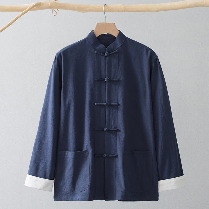 Chemise de costume chinois Tang à boutons de grenouille avec Buddha Stones en coton et lin pour homme - Chemise bleue et bouton grenouille blanc - US/UK/AU44，EU54 (4XL) - image 5