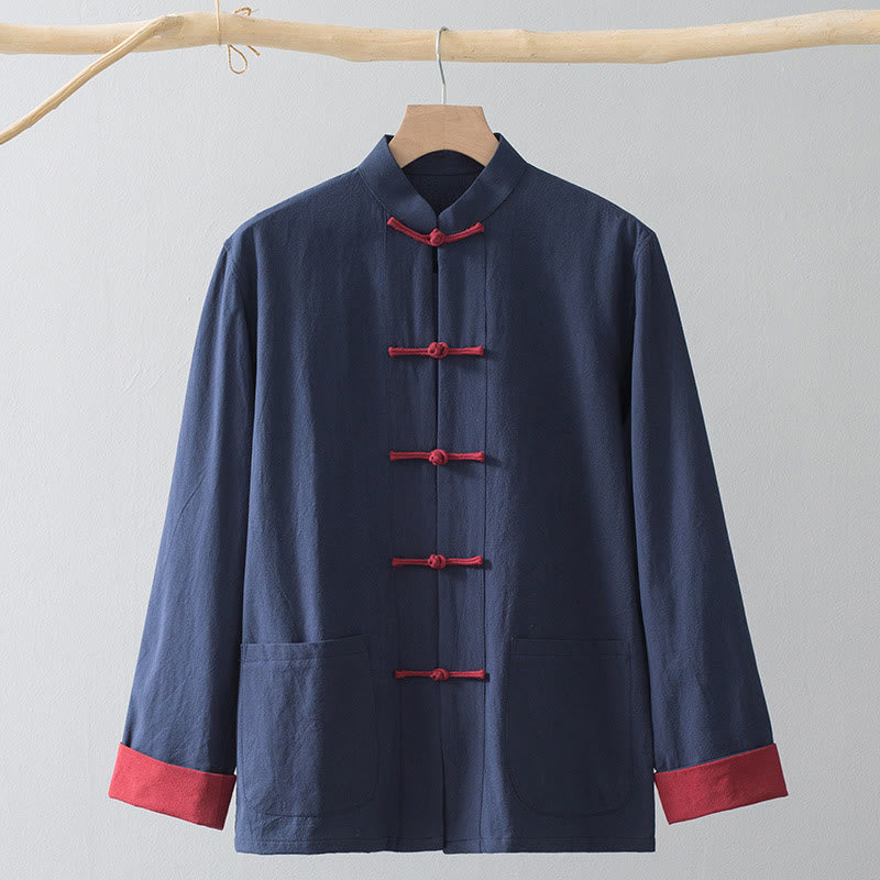 Chemise de costume chinois Tang à boutons grenouilles en coton et lin, Buddha Stones, pour homme. Vêtements pour hommes. - Chemise bleue et bouton grenouille rouge - US/UK/AU44，EU54 (4XL) - image 12