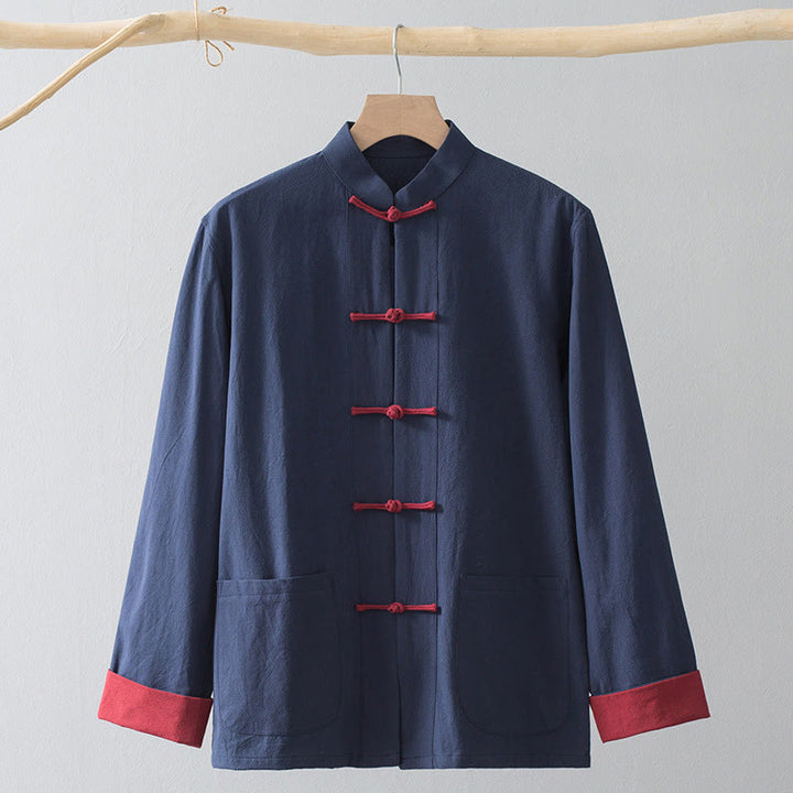 Chemise de costume chinois Tang à boutons grenouilles en coton et lin, Buddha Stones, pour homme. Vêtements pour hommes. - Chemise bleue et bouton grenouille rouge - US/UK/AU44，EU54 (4XL) - image 12