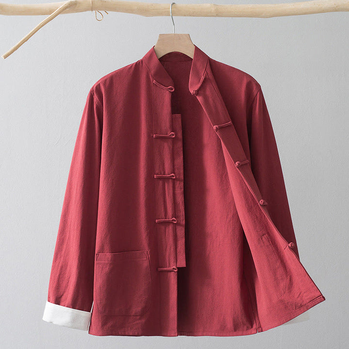 Chemise de costume chinois Tang à boutons de grenouille avec Buddha Stones en coton et lin pour homme - Chemise rouge et bouton grenouille blanc - US/UK/AU44，EU54 (4XL) - image 14