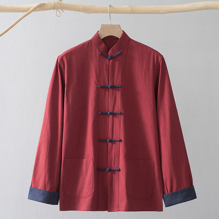 Chemise de costume chinois Tang à boutons grenouilles en coton et lin, Buddha Stones, pour homme. Vêtements pour hommes. - Chemise rouge et bouton grenouille bleu - US/UK/AU44，EU54 (4XL) - image 16