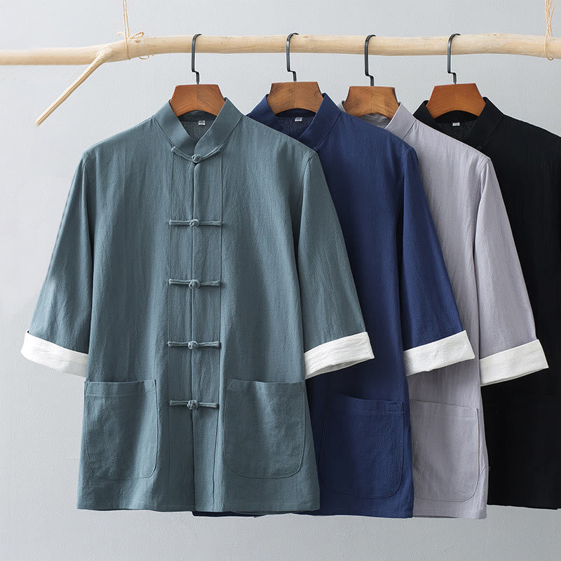 Chemise à manches courtes en coton pour homme avec poches et boutons en forme de grenouille et Buddha Stones - image 1