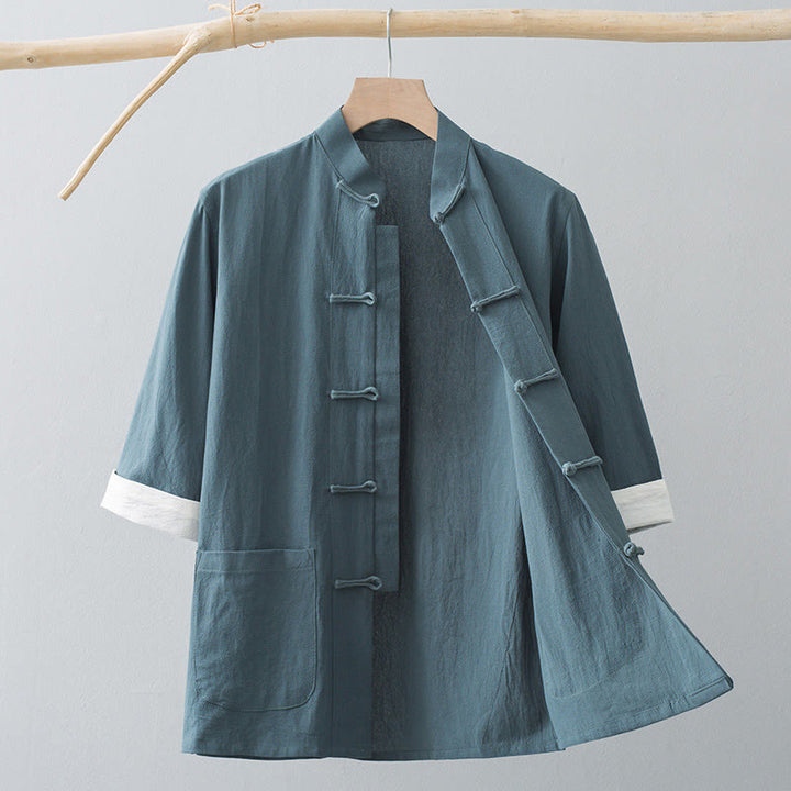 Chemise à manches courtes en coton pour homme avec poches et boutons en forme de grenouille et Buddha Stones - Gris Vert - US/UK/AU44，EU54 (4XL) - image 1