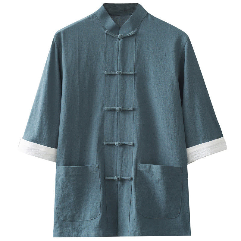 Chemise à manches courtes en coton pour homme avec poches et boutons en forme de grenouille et Buddha Stones - image 10