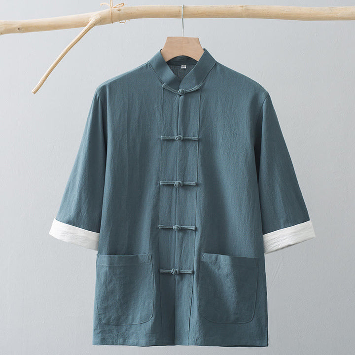 Chemise à manches courtes en coton pour homme avec poches et boutons en forme de grenouille et Buddha Stones - image 2