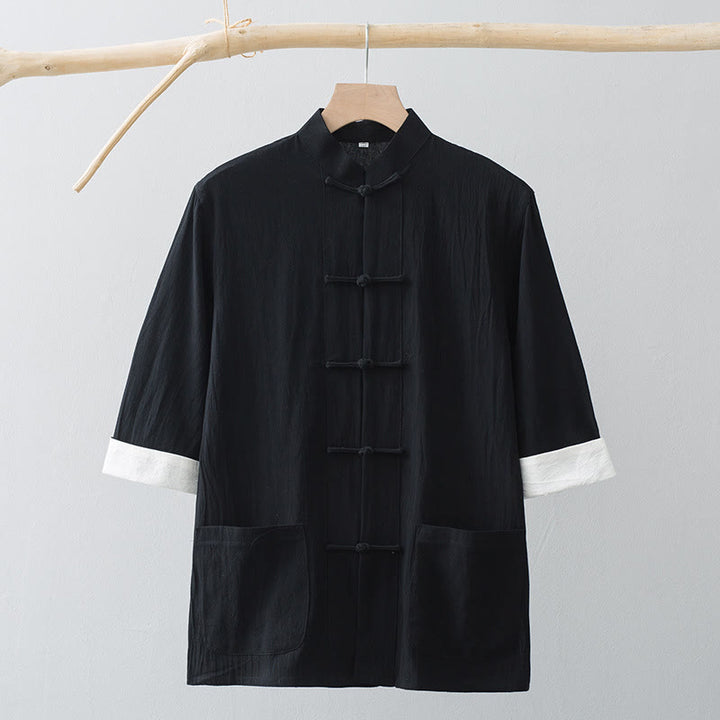 Chemise à manches courtes en coton pour homme avec poches et boutons en forme de grenouille et Buddha Stones - image 13