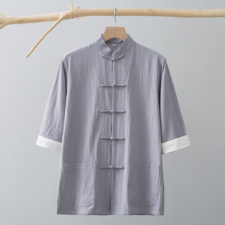 Chemise à manches courtes en coton pour homme avec poches et boutons en forme de grenouille et Buddha Stones - image 11