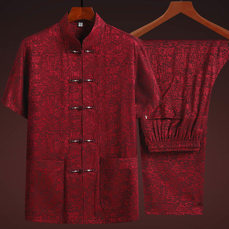 Buddha Stones le long de la rivière pendant le festival de Qingming Motif Costume Tang traditionnel Chemise à manches courtes Pantalon Vêtements Ensemble pour hommes