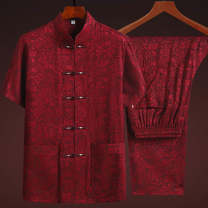 Buddha Stones le long de la rivière pendant le festival de Qingming Motif Costume Tang traditionnel Chemise à manches courtes Pantalon Vêtements Ensemble pour hommes