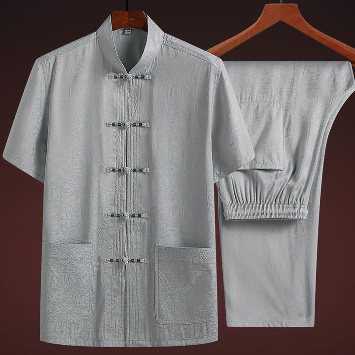 Buddha Stones le long de la rivière pendant le festival de Qingming Motif Costume Tang traditionnel Chemise à manches courtes Pantalon Vêtements Ensemble pour hommes