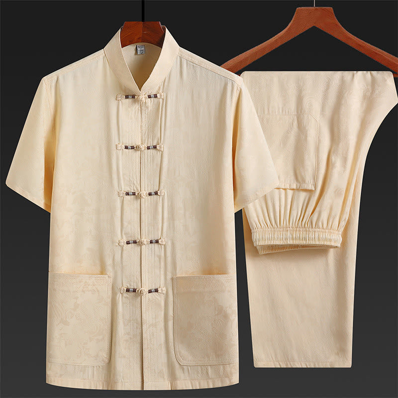 Buddha Stones le long de la rivière pendant le festival de Qingming Motif Costume Tang traditionnel Chemise à manches courtes Pantalon Vêtements Ensemble pour hommes