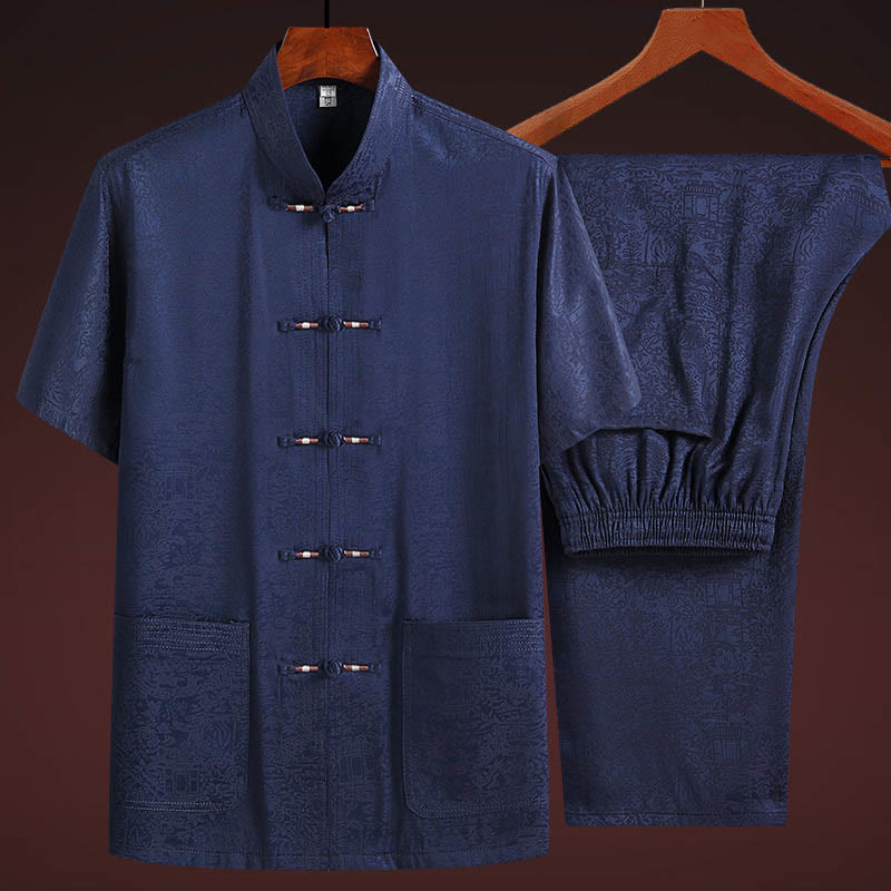 Buddha Stones le long de la rivière pendant le festival de Qingming Motif Costume Tang traditionnel Chemise à manches courtes Pantalon Vêtements Ensemble pour hommes