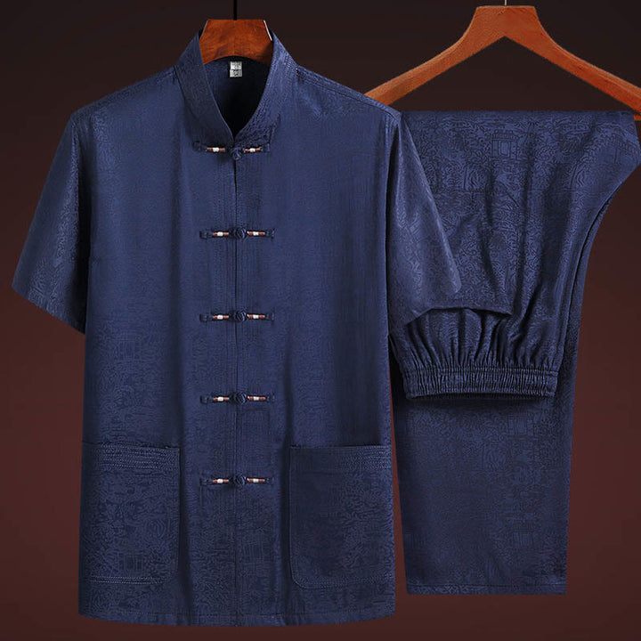 Buddha Stones le long de la rivière pendant le festival de Qingming Motif Costume Tang traditionnel Chemise à manches courtes Pantalon Vêtements Ensemble pour hommes