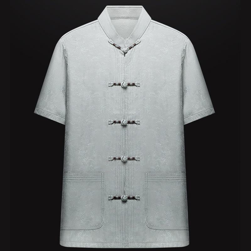 Buddha Stones le long de la rivière pendant le festival de Qingming Motif Costume Tang traditionnel Chemise à manches courtes Pantalon Vêtements Ensemble pour hommes