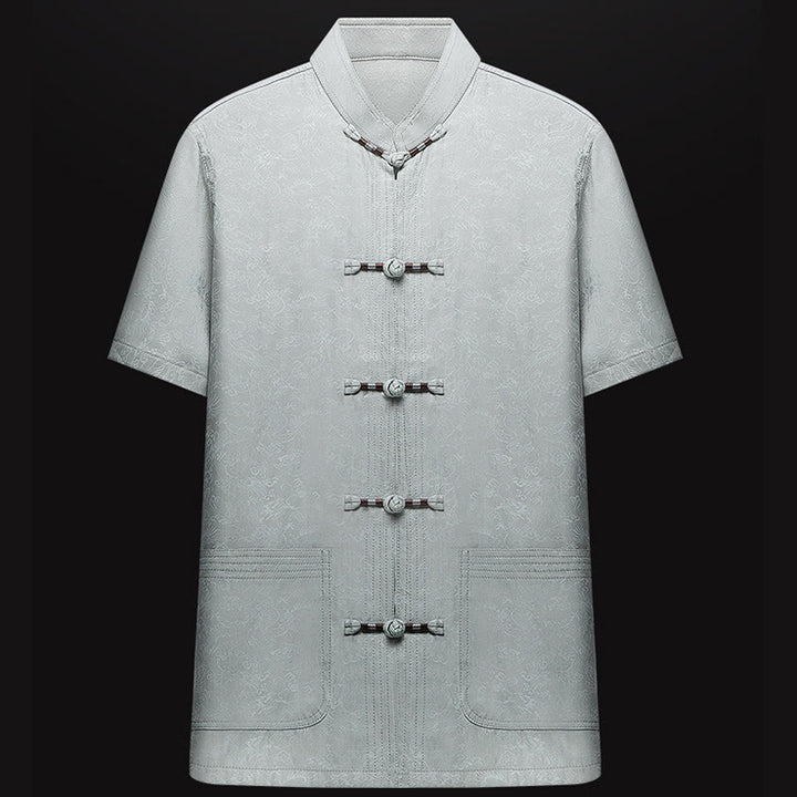 Buddha Stones le long de la rivière pendant le festival de Qingming Motif Costume Tang traditionnel Chemise à manches courtes Pantalon Vêtements Ensemble pour hommes