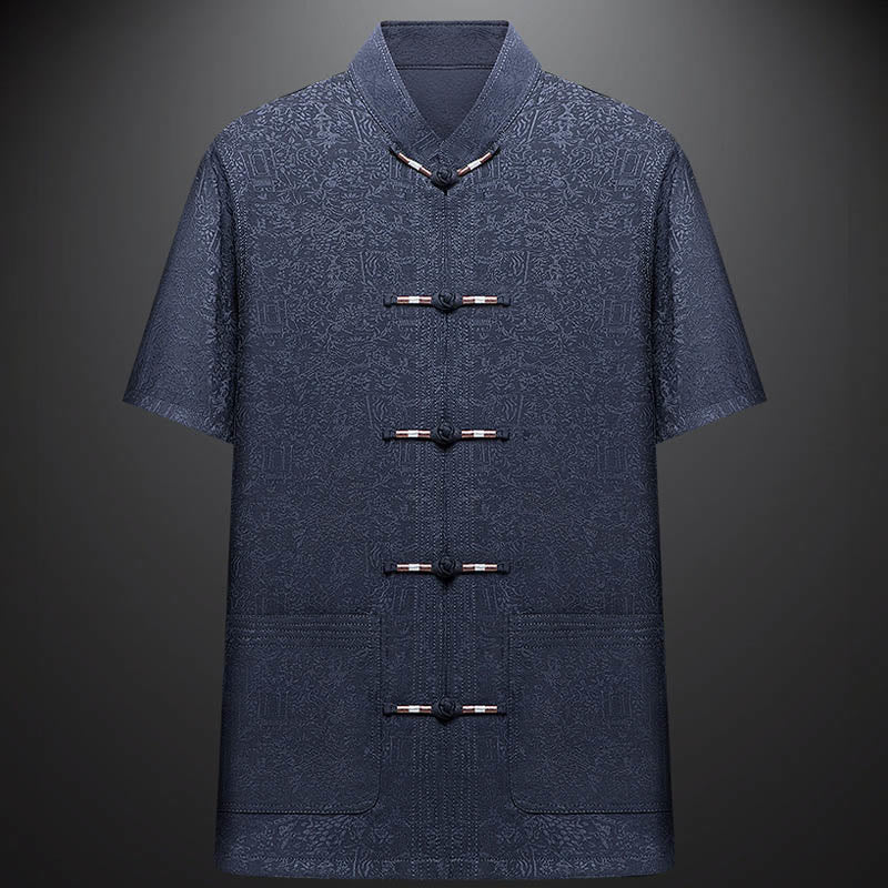 Buddha Stones le long de la rivière pendant le festival de Qingming Motif Costume Tang traditionnel Chemise à manches courtes Pantalon Vêtements Ensemble pour hommes