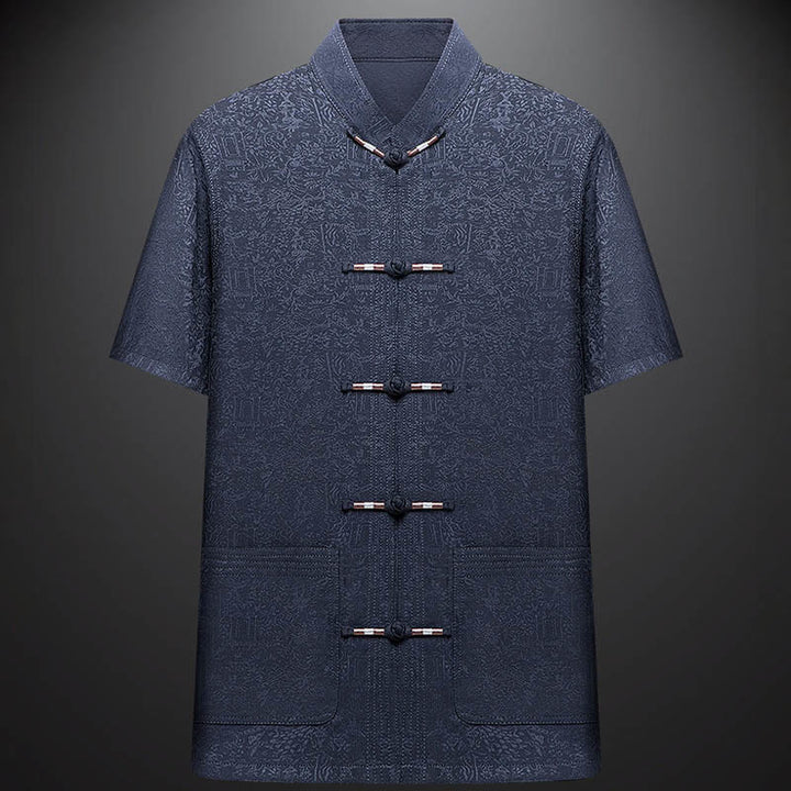 Buddha Stones le long de la rivière pendant le festival de Qingming Motif Costume Tang traditionnel Chemise à manches courtes Pantalon Vêtements Ensemble pour hommes