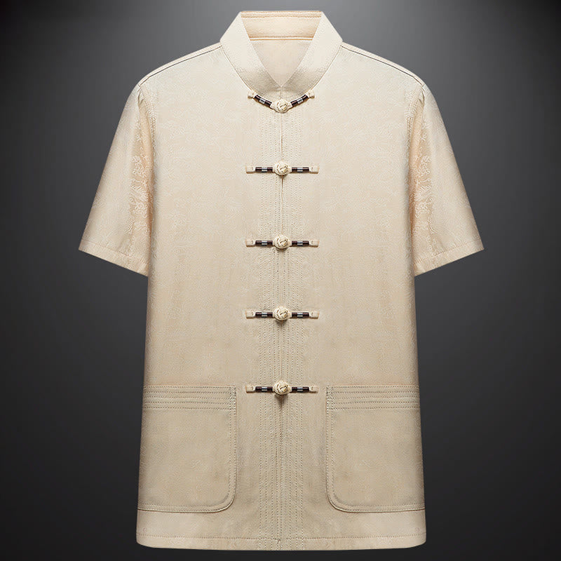 Buddha Stones le long de la rivière pendant le festival de Qingming Motif Costume Tang traditionnel Chemise à manches courtes Pantalon Vêtements Ensemble pour hommes