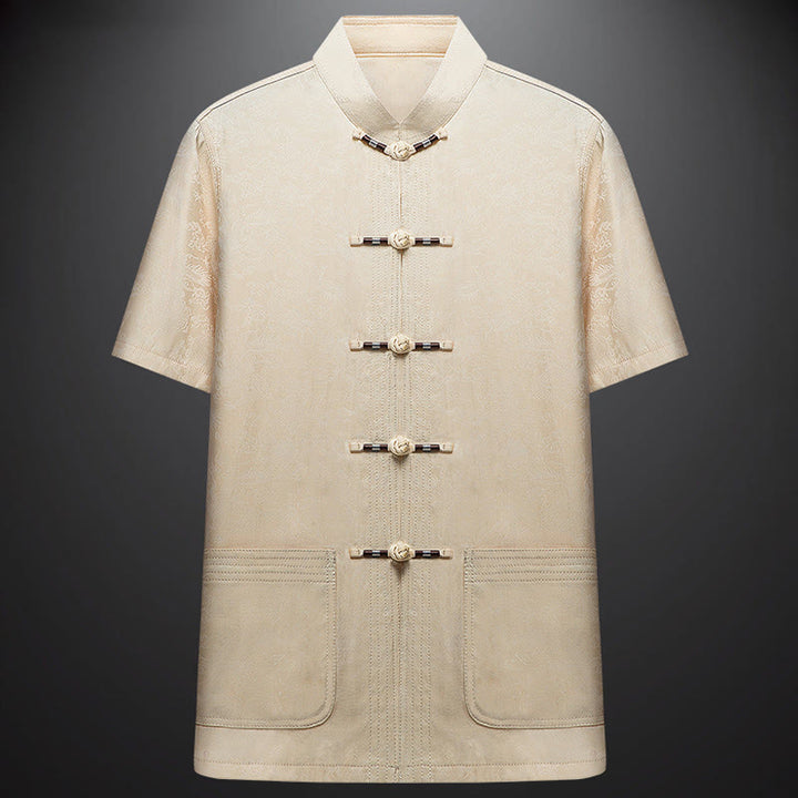 Buddha Stones le long de la rivière pendant le festival de Qingming Motif Costume Tang traditionnel Chemise à manches courtes Pantalon Vêtements Ensemble pour hommes