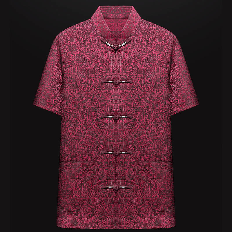 Buddha Stones le long de la rivière pendant le festival de Qingming Motif Costume Tang traditionnel Chemise à manches courtes Pantalon Vêtements Ensemble pour hommes