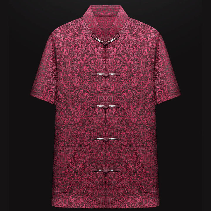 Buddha Stones le long de la rivière pendant le festival de Qingming Motif Costume Tang traditionnel Chemise à manches courtes Pantalon Vêtements Ensemble pour hommes