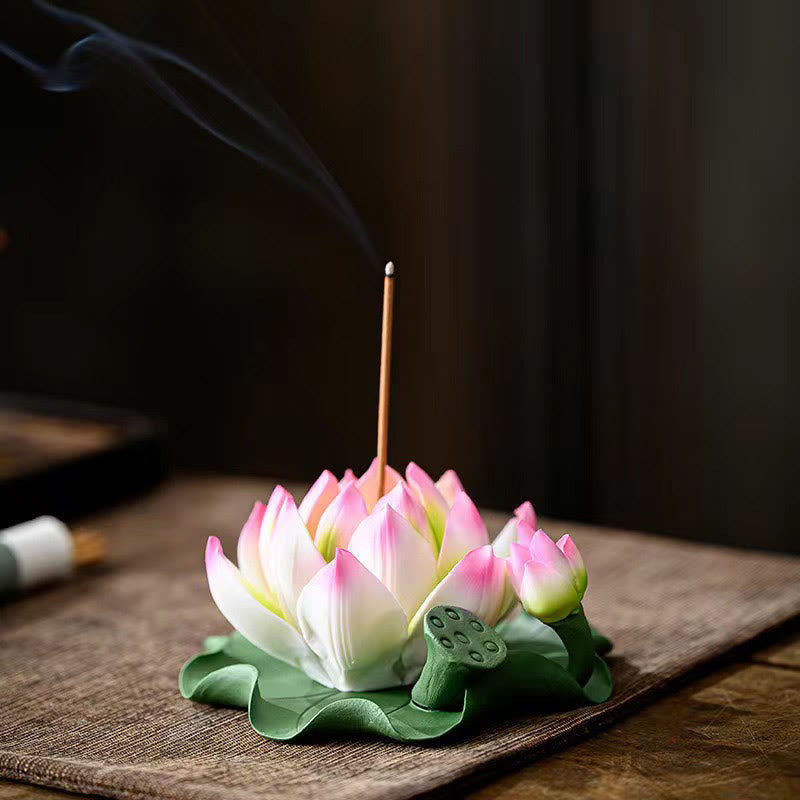 Buddha Stones Fleur de Lotus Feuille Gousse Guérison Spirituelle Bâton En Céramique Brûleur D'encens Décoration - Bordure rose lotus 10,5 x 4,7 cm - image 0