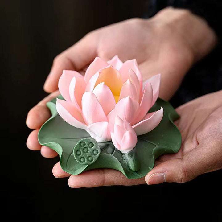 Buddha Stones Fleur de Lotus Feuille Gousse Guérison Spirituelle Bâton En Céramique Brûleur D'encens Décoration