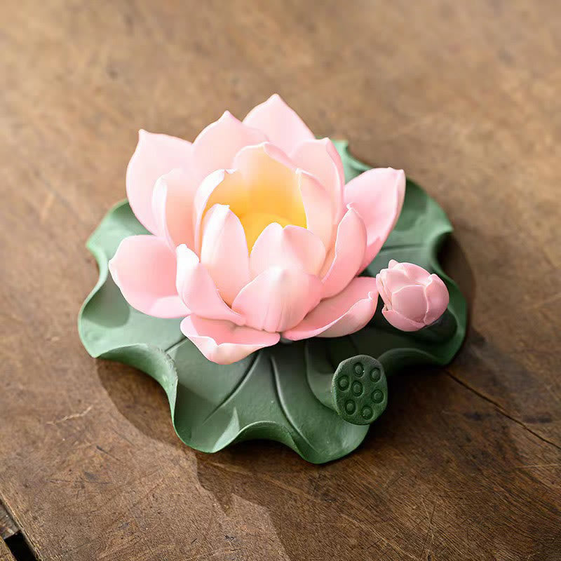 Buddha Stones Fleur de Lotus Feuille Gousse Guérison Spirituelle Bâton En Céramique Brûleur D'encens Décoration - Lotus rose 10,5 x 4,7 cm - image 6