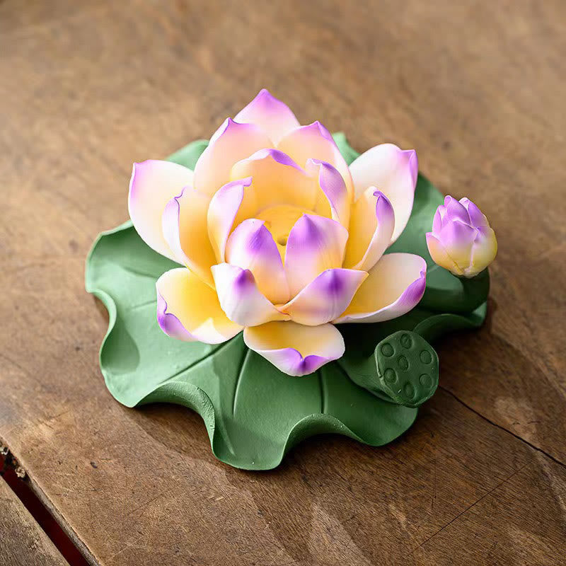 Buddha Stones Fleur de Lotus Feuille Gousse Guérison Spirituelle Bâton En Céramique Brûleur D'encens Décoration - Lotus Purple Edge 10,5*4,7 cm - image 9