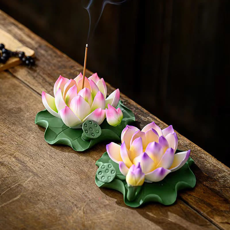 Buddha Stones Fleur de Lotus Feuille Gousse Guérison Spirituelle Bâton En Céramique Brûleur D'encens Décoration