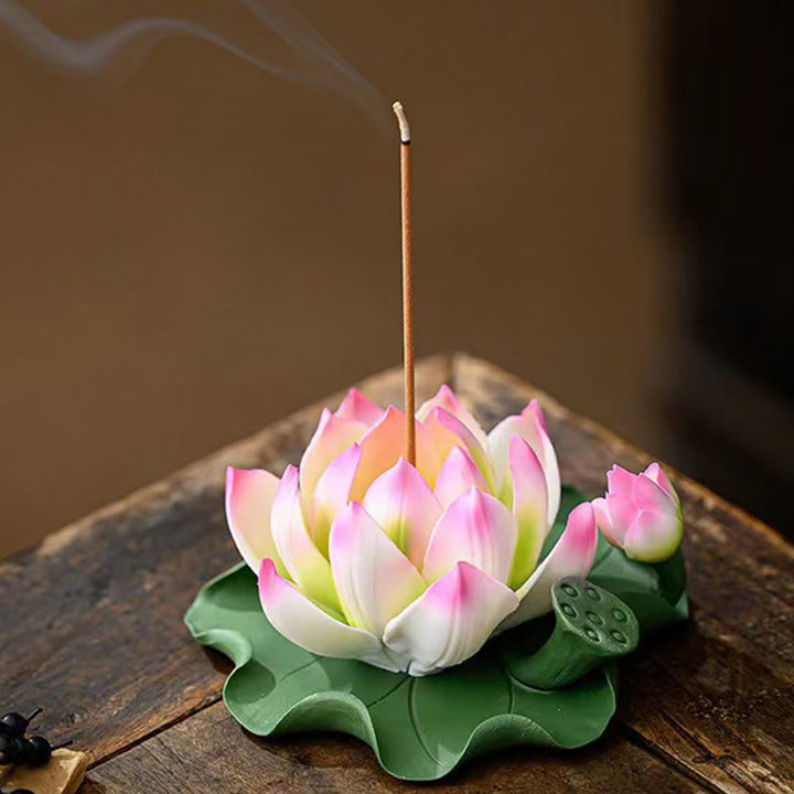 Buddha Stones Fleur de Lotus Feuille Gousse Guérison Spirituelle Bâton En Céramique Brûleur D'encens Décoration